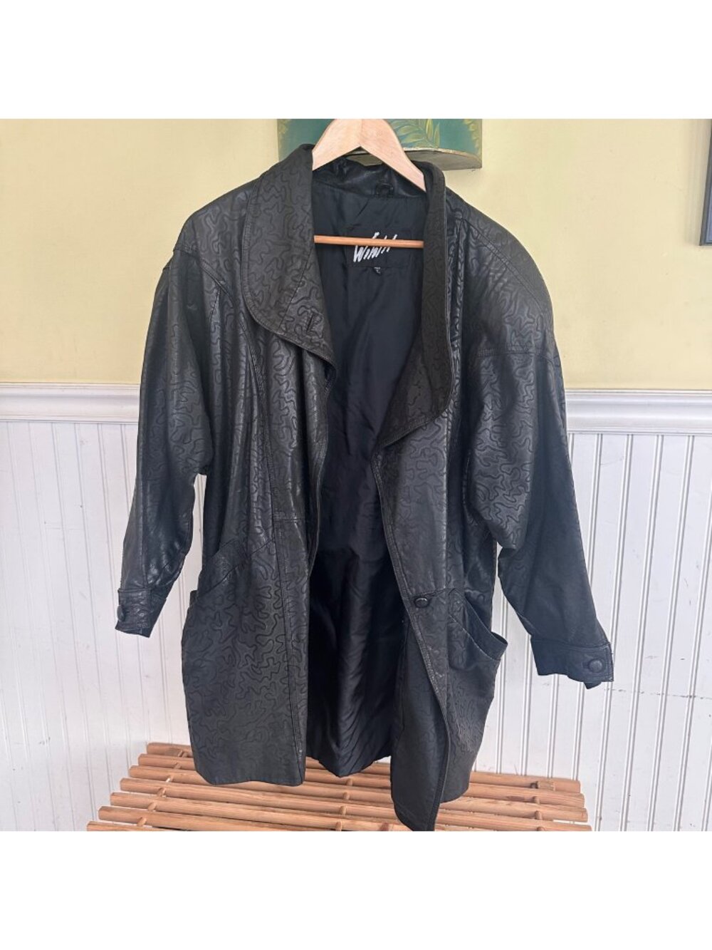 Vintage Winlit Black Embossed Leather Jacket With Abstract Pattern Design